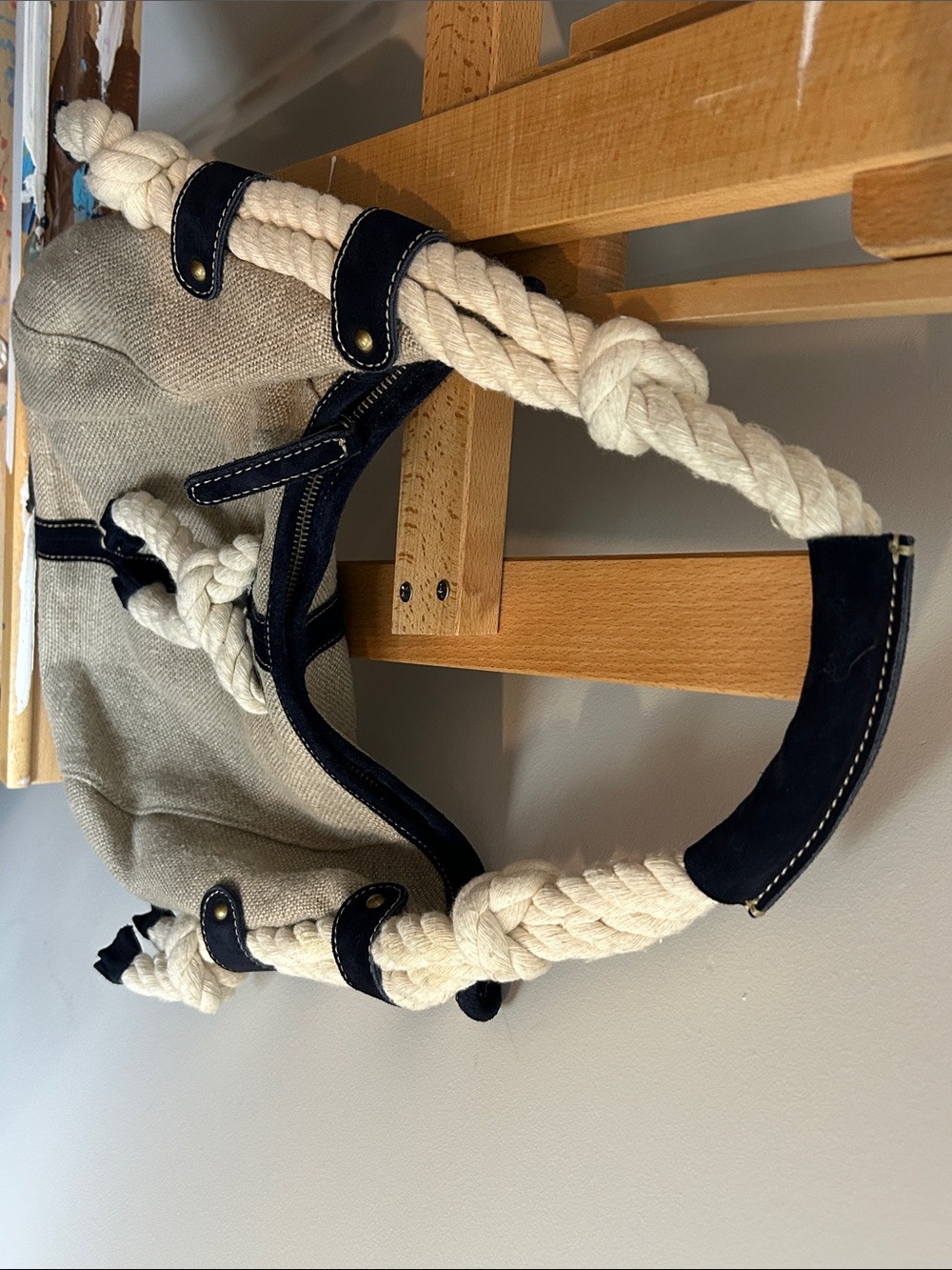 VINTAGE J. Crew Rope Handle Hobo Bag in Natural Linen and Navy Suede - Picture 6 of 6